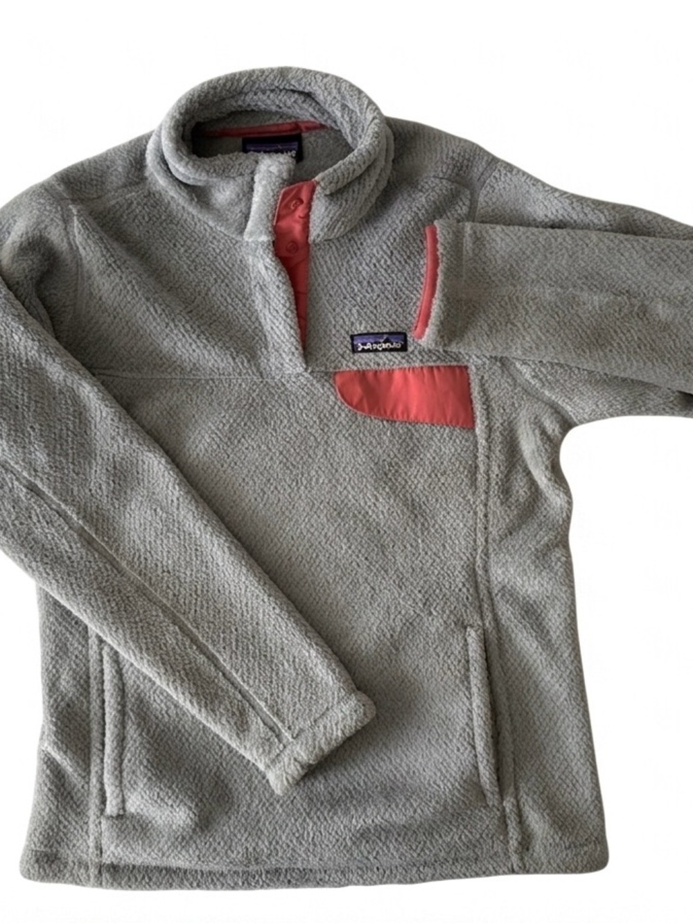 Patagonia Light Gray Fleece Pullover with Coral Trim